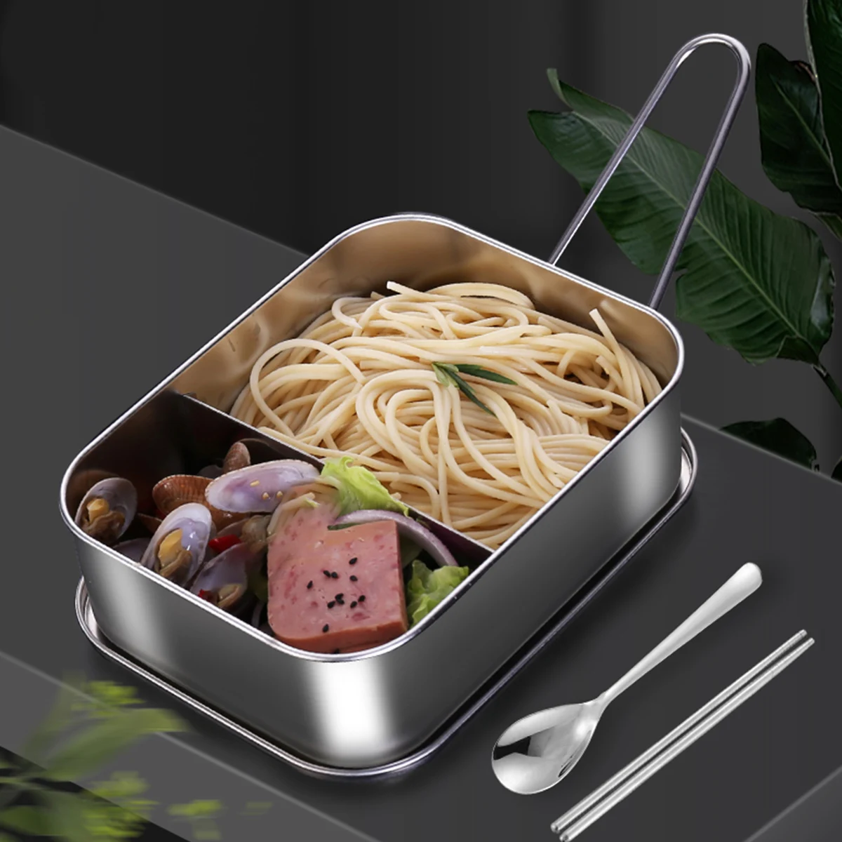 

304 Stainless Steel Food Container Sealing Lid Lunch Box Foldable Handle Heat Resistant for Office Kitchen Camping