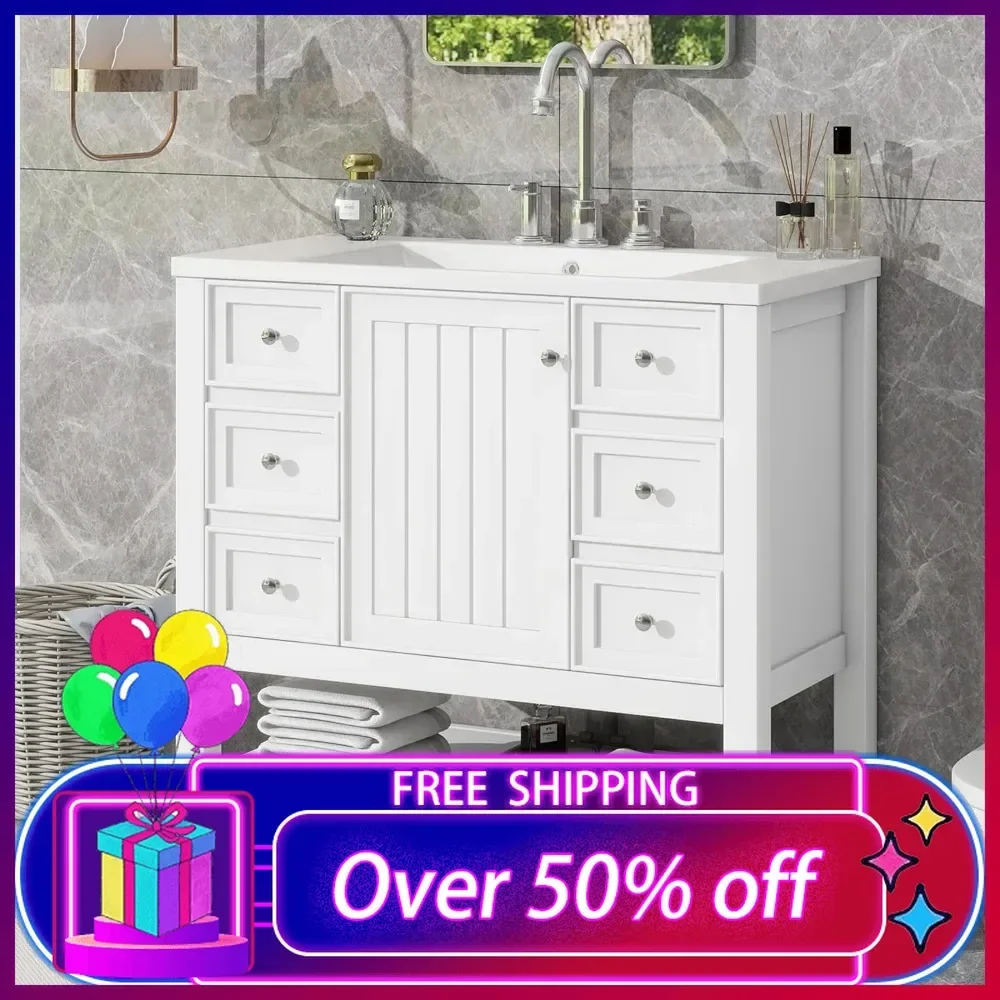 

Wooden Bathroom Cabinet, 36" Bathroom Vanity with Sink, Free Standing Single Basin Vanity Set with One Cabinet and Three Drawers