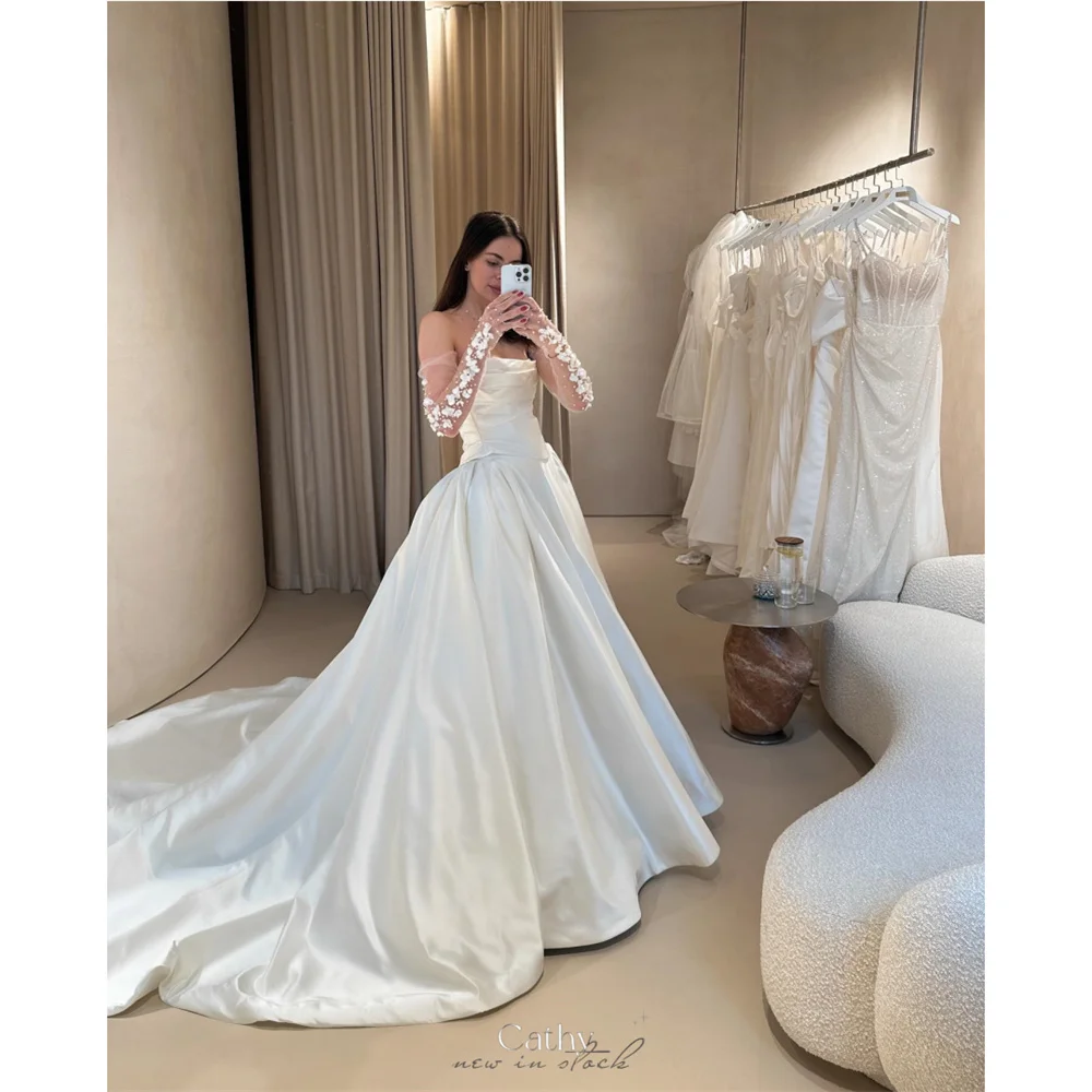 Cathy Customized Strapless Pleats Lace Floral Sleeves Wedding Dress White A-line vestidos de noiva Long Train Evening Dresses