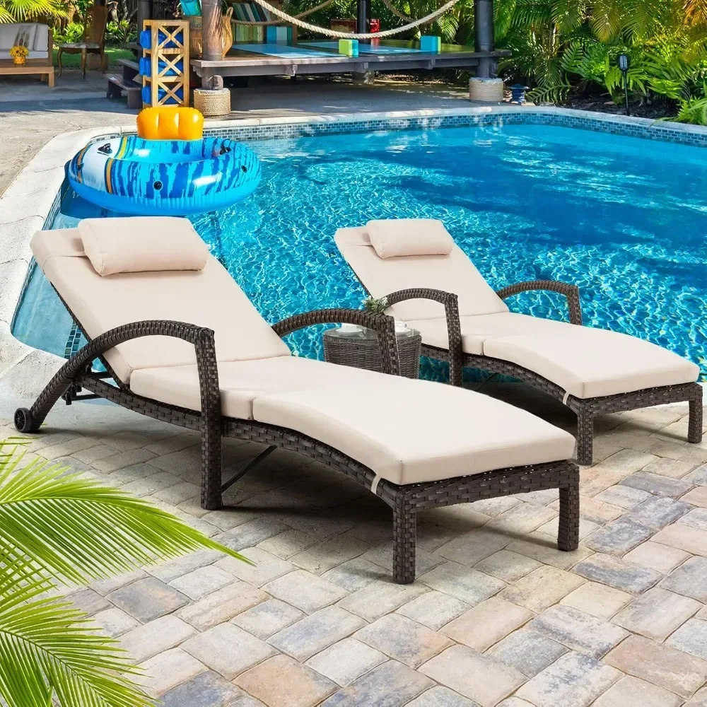 

2-Piece PE Rattan Chaise Lounge Set - 5-Position Adjustable Outdoor Sunbed with Cushions, Wheels & Pillow for Poolside/Patio