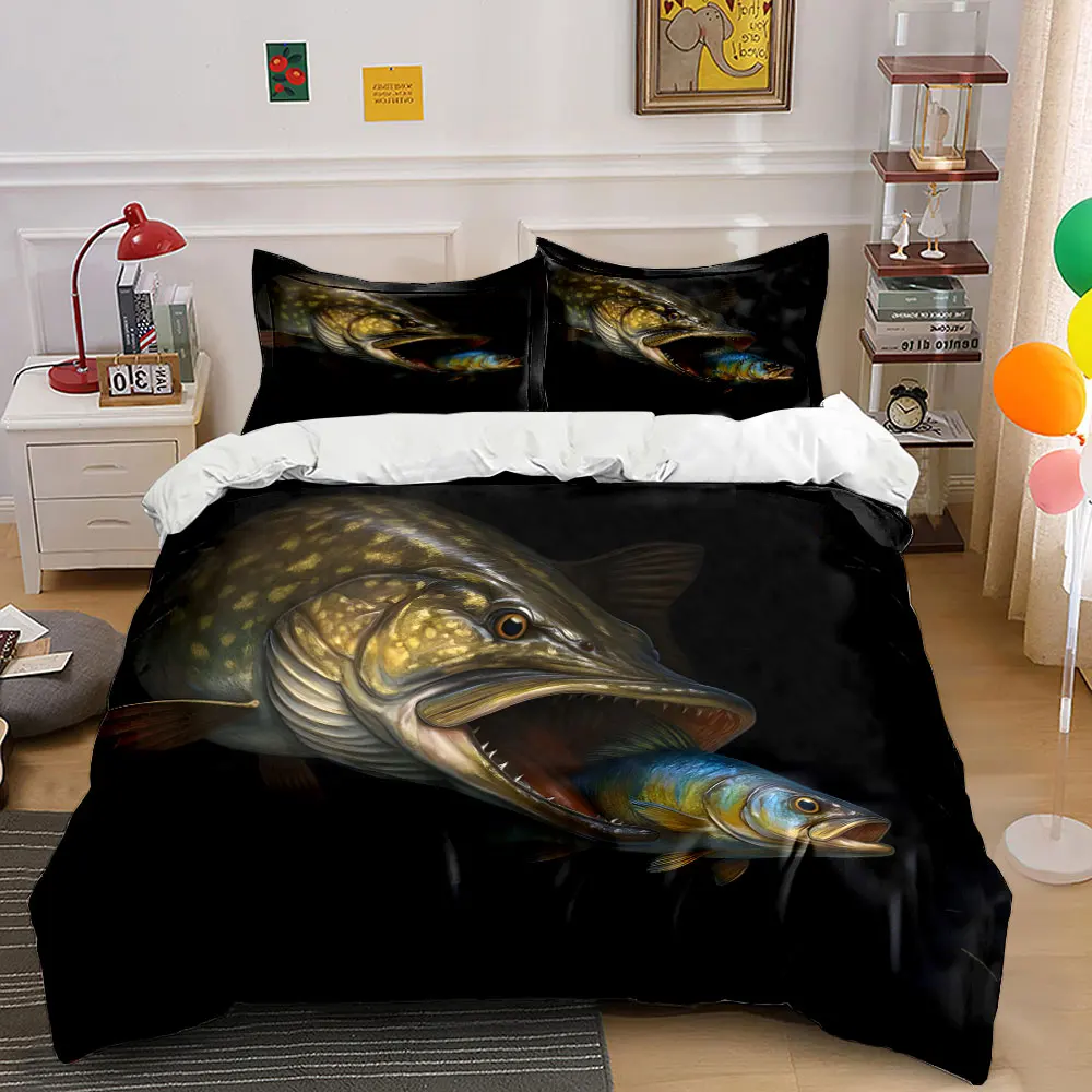 Large fish eating smaller. Print Bedding Set 1 Duvet Cover 2 Pillowcases for Adult and Children Luxury Gift Full Size