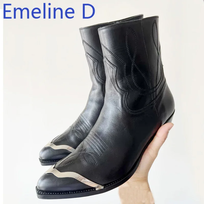 Iron Toed Chelsea Boots Fashionable and Minimalist Style Pointed Side Zipper and Carved Design Low Heel Leather High Top Boots