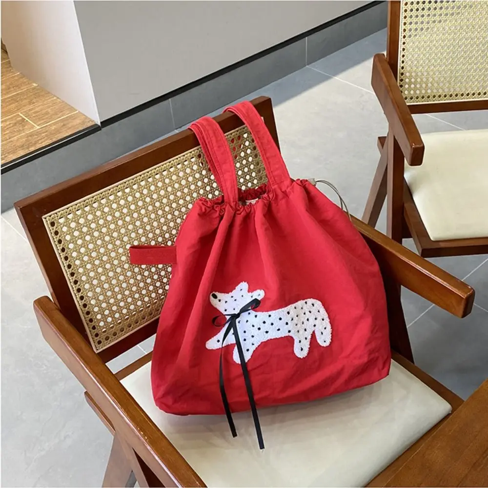 

Bow Spotted Embroidery Drawstring Shoulder Bag Embroidered Large Capacity Canvas Tote Bag Puppy Lightweight Women's Handbag