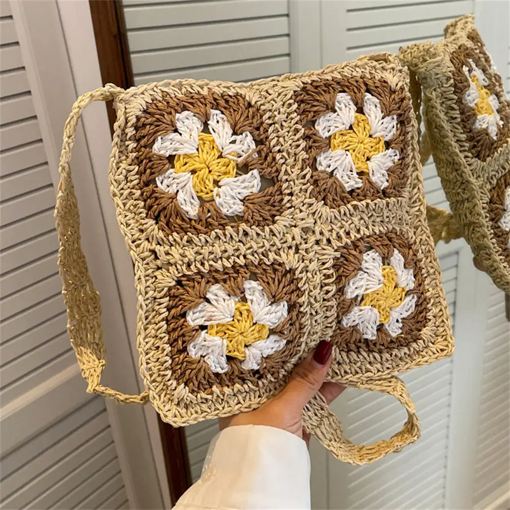 Women Tote Bag Floral Crochet Large Capacity Knitted Bag Trendy Handmade Bag Vintage Multicolor Hollow Out Handbag Casual Travel