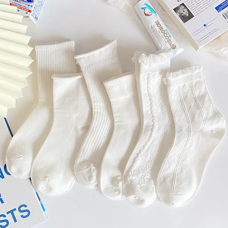 Women JK White Socks Spring Autumn Thin Cotton Mid Tube Sock Sweet Lolita Girl Lace Ruffle Socks Soft Breathable Calcetines