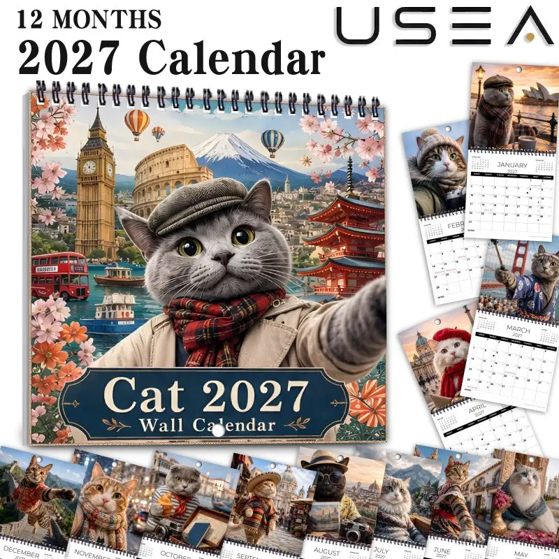 2027 Square Spiral Wall Calendar,Travel Cat Planner with Habit Tracker, US Federal Holidays & Moon Phases, Ideal Christmas Gift