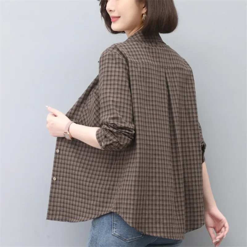 Damska koszula w kratę z czystej bawełny, luźna koszula damska na jesień zapinana na guziki, koszula damska, codzienna bluzka damska, topy
