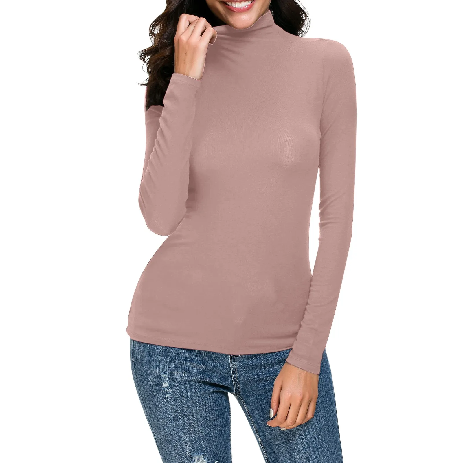 Women Knitted Tops Pullover Fashion Solid Color Long Sleeve Mock Turtleneck Blouse Base Tops Slim Fit Stretchy Layer Tee Shirts