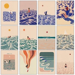 Nordic Minimalistic Art Surfing Paddling Swimming Sea Wave Print Poster Canvas Painting Abstract Wall Art for Room Home Decor