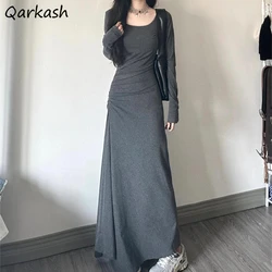 Irregular Y2k Long Dress Women High Waisted  Sleeve Solid Basics Elegant Korean Fashion Streetwear Minimalist Sexy Vintage