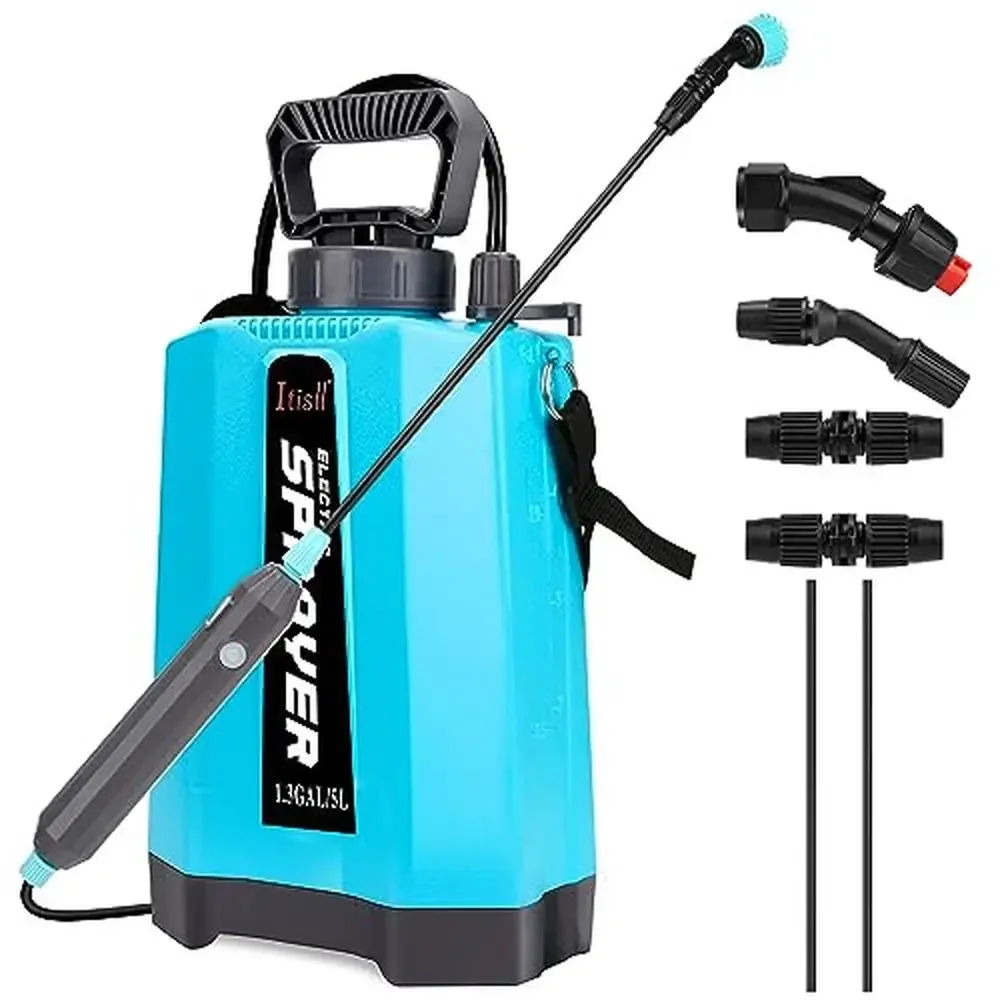 

Battery Powered Garden Sprayer with Double Wand USB Rechargeable Handle 3 Mist Nozzles and 1.35 Gallons Tank Easy Watering Lawn