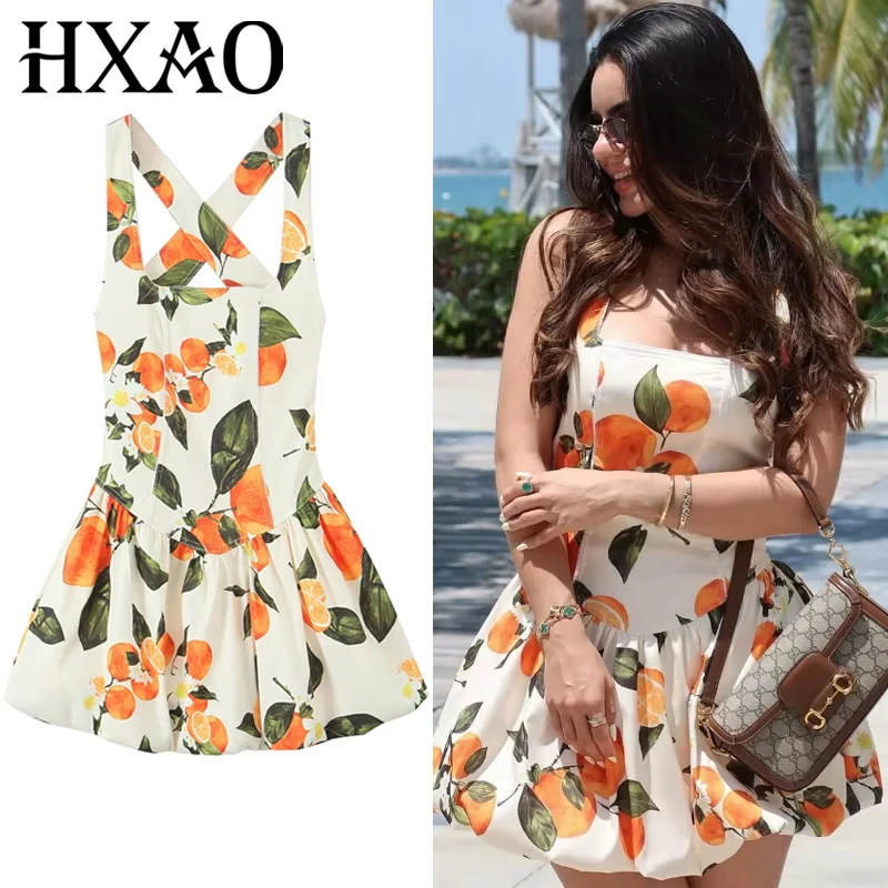 HXAO Damesjurken Bloemen Slipdress Zomer 2025, Vrouw Mini Print Mouwloze Backless Jurk High Street Jurken Resort Vestidos