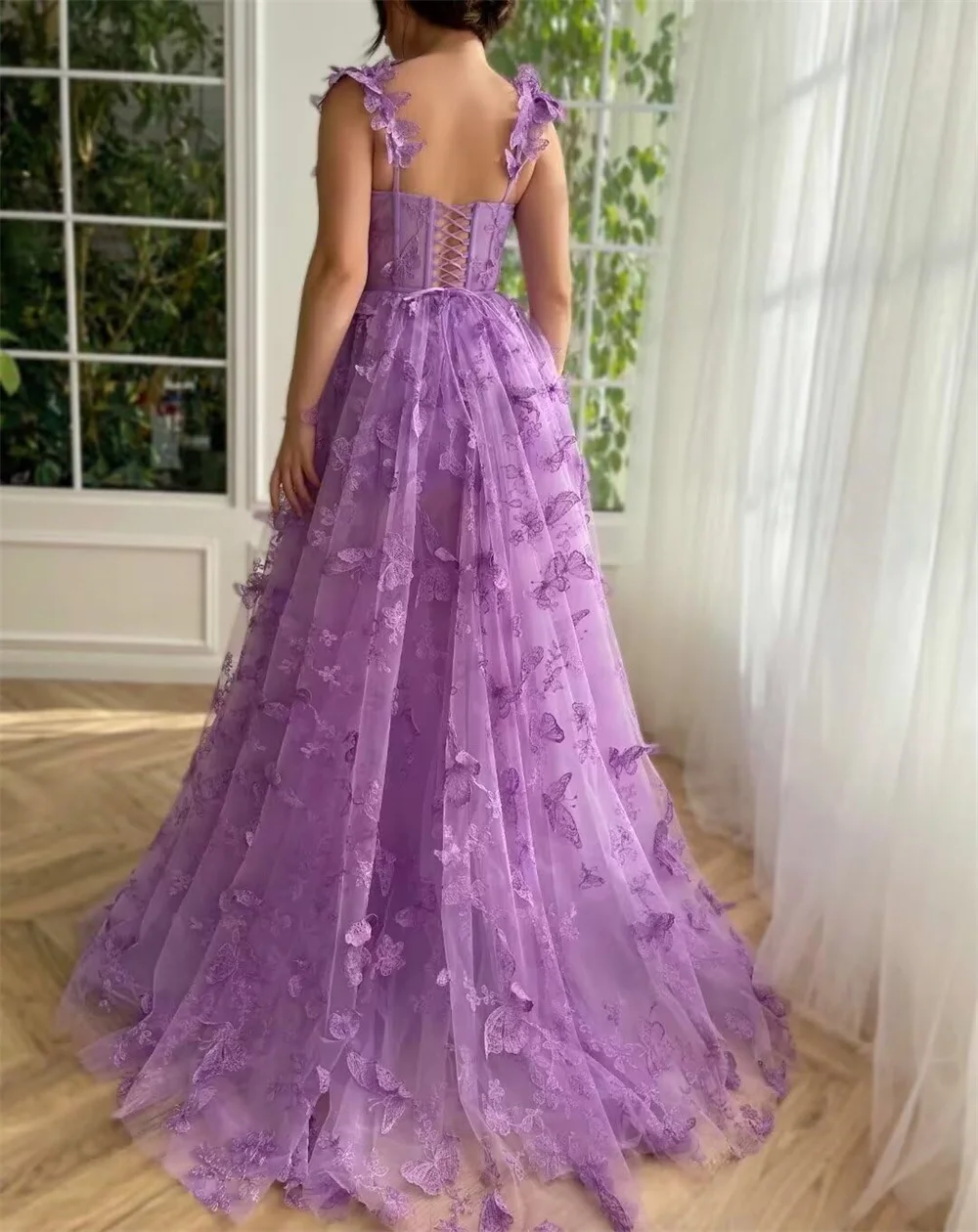 Spaghetti Straps 3D Butterflies Prom Dresses With Split Side Embroidered Tulle Homecoming Gowns A-line Long Formal Evening Party