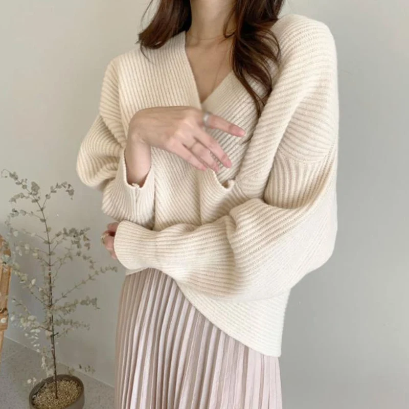 Winter Women\'s Sweaters Thickened Loose Sweaters Casual Sweaters Knitted Solid Color Crossover Minimalist