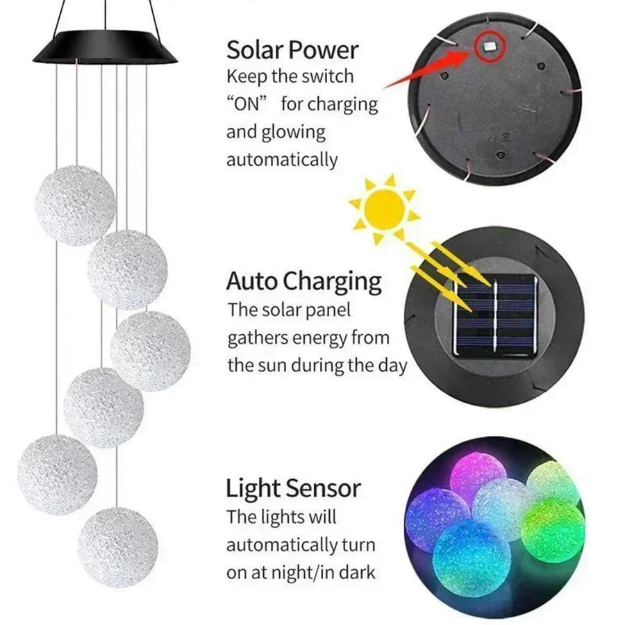 Solar Powered Wind Chimes Outdoor LED Solar Round Ball Wind Chime Lamp Garden Lawn Landscape Holiday Light Garden Decoration