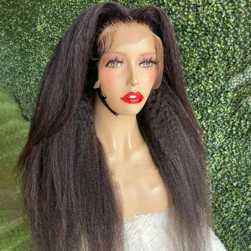 Yaki-Kinky Straight Lace Front Wig para mulheres, longo, preto natural, cabelo de bebê, resistente ao calor, sem cola, pré-arrancadas, 180% Densidade, 26in