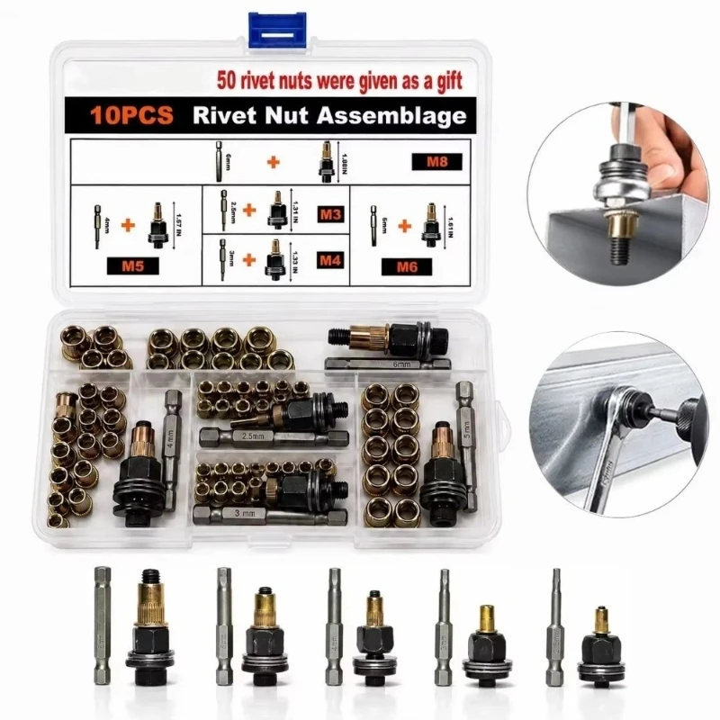 60/70 PCS Head Rivet Nut Tool M3 M4 M5 M6 M8 M10 Rivnut Kit Threaded Insert Tool