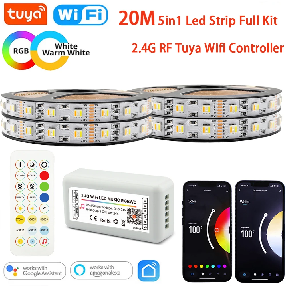 10M 20M Tuya Wifi Smart Control DC24V 5050 5in1 RGBCCT LED Strip Room Lights Decor 2.4G RF Remote Control for Alexa Google Home