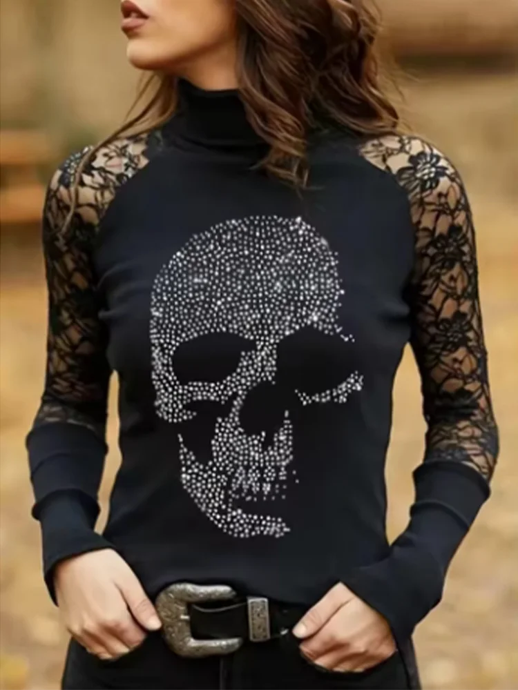 Fashion Women Top Black High Collar Long Sleeve Summer Zircon Skull Head Lace Sexy Slim Breathable Personality Ladies Y2K Clothe