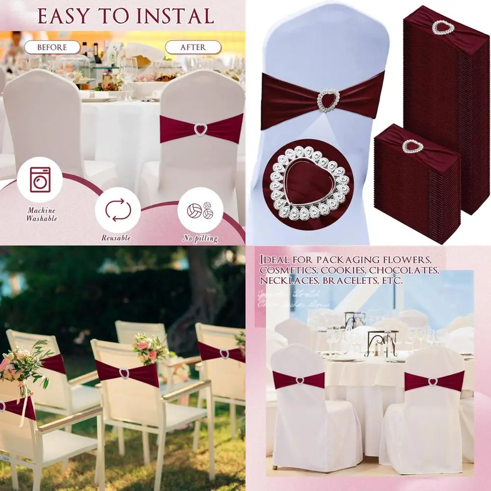 

100 Pack Spandex Chair Sashes with Burgundy Heart Buckle for Wedding and Party Decor