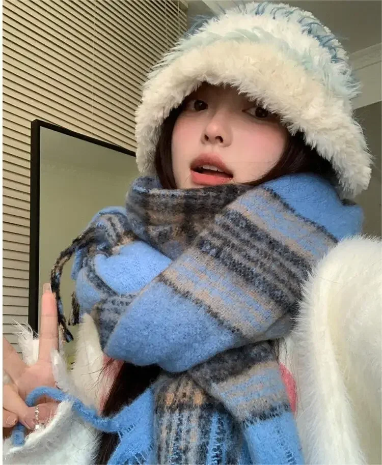 blue-korean-plaid-tassel-scarf-for-women-winter-fashion-2024-new-thickened-neck-scarf