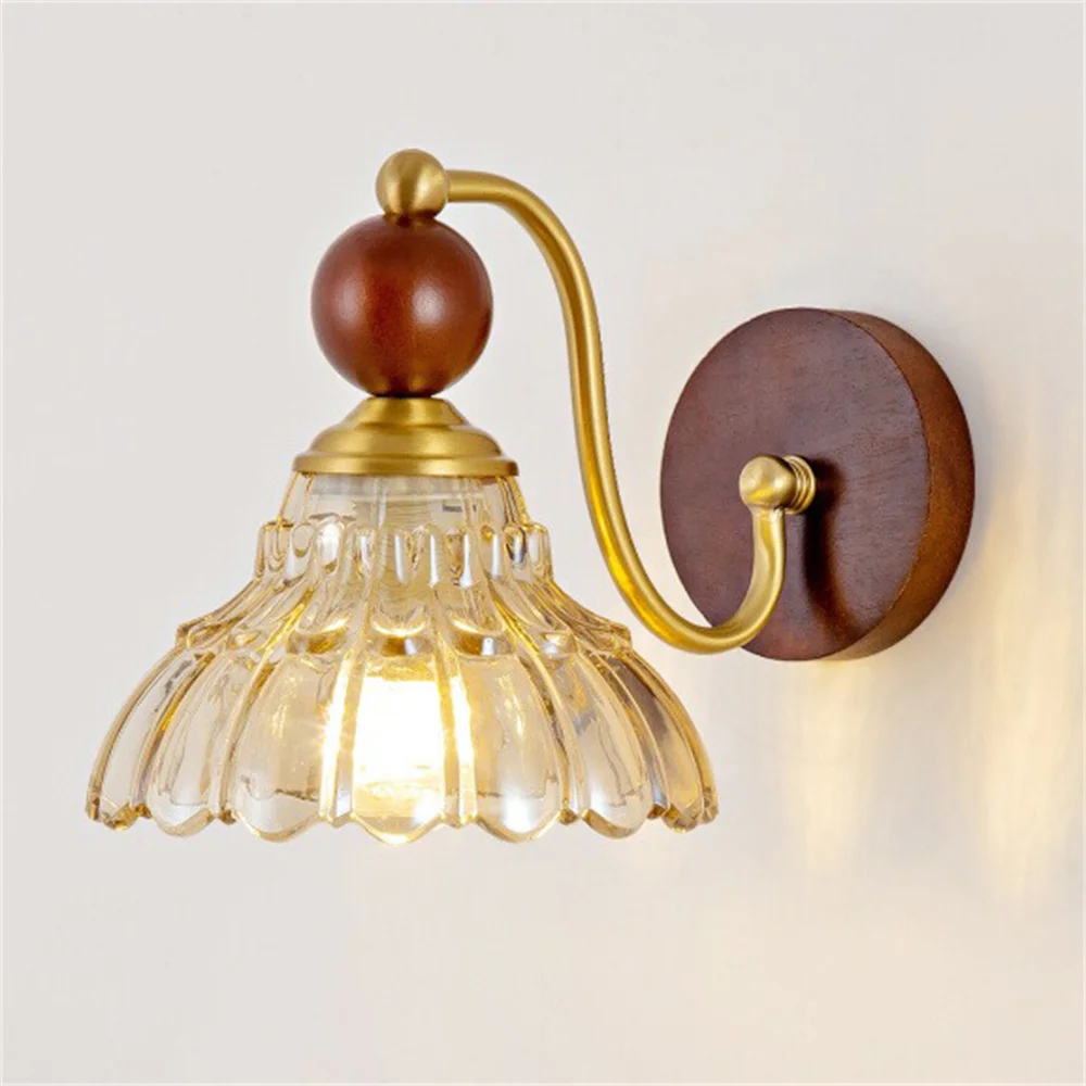 Vintage Copper Wooden Glass Retro Led Wall Lamp E27 Living Room Corridor Bedroom Bedside Loft Stairs