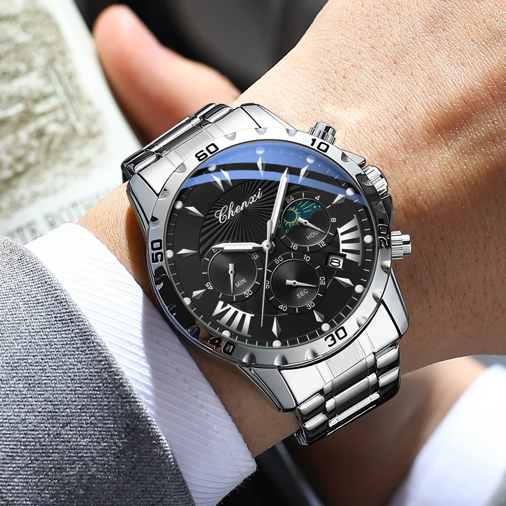 CHENXI Men's Moon Phase Chronograph Watch High Quality Stainless Steel Quartz Man Wristwatch Waterproof Luminous Fashion Casual