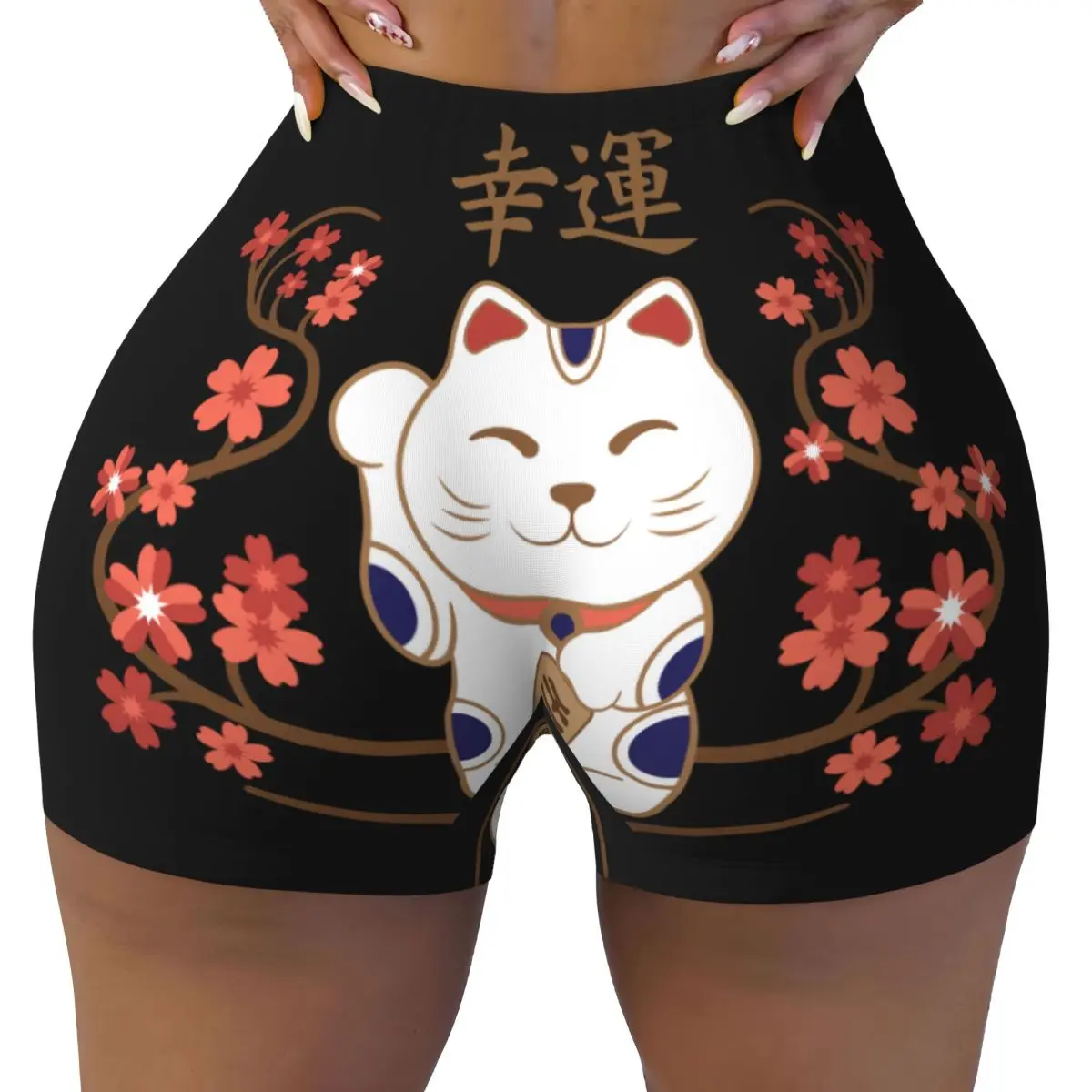 

Custom Women Maneki Neko Cat With Good Luck Kanji Workout Yoga Shorts Athletic Gym Volleyball Biker Shorts