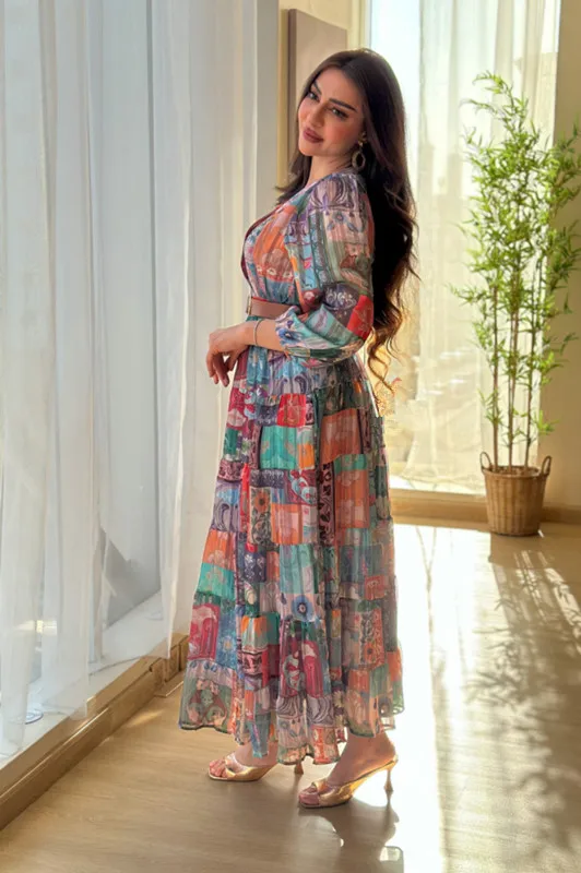 BKLD Long Sleeve V-Neck 2026 Spring Summer Clothes For Women Sexy Chiffon Printed A-Line Evening Dress With Belt Party Wear