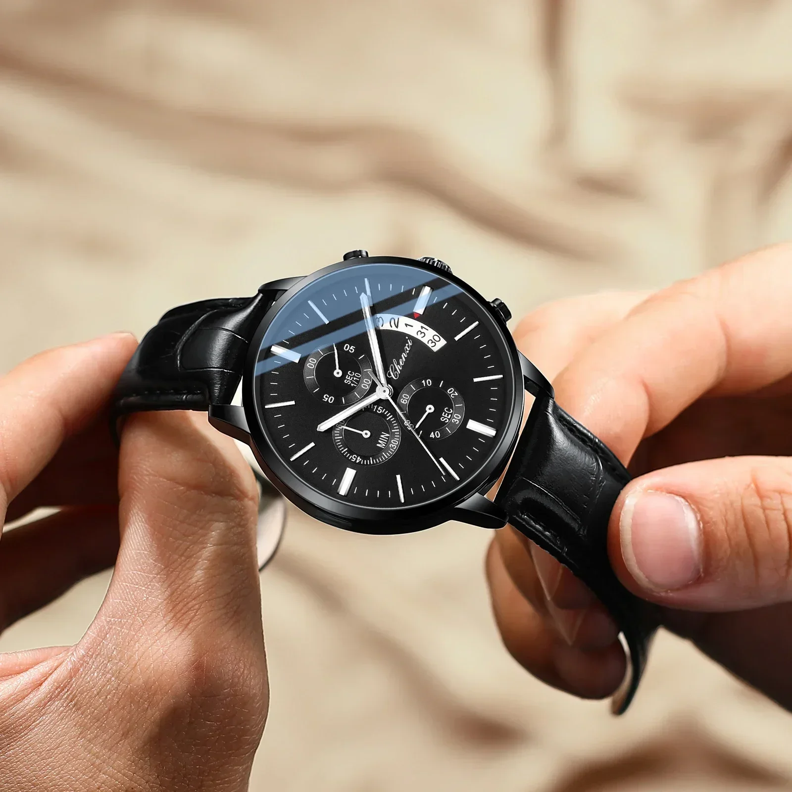 

CHENXI Роскошные деловые мужские наручные часы, кварцевые светящиеся часы с датой и неделей для мужчин, кожаные мужские часы Reloj