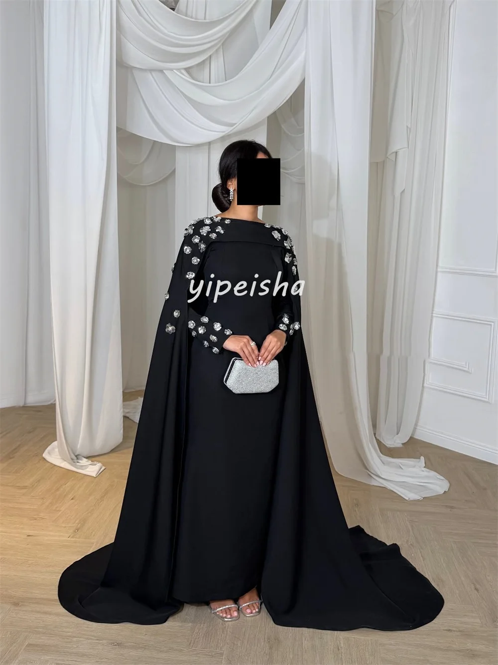 Customized Matching Simple Jersey Handmade Flower Pleat A-line High Collar Long Dresses Bespoke Occasion Dresses Chinese Style