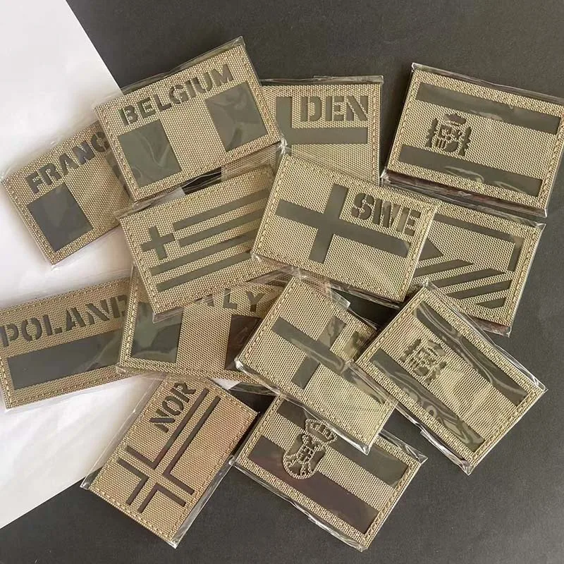 Khaki National Flag Emblem Infrared IR Reflective Patch,Spain France Slovakia Military Stickers Tactical Badge Clothes Applique