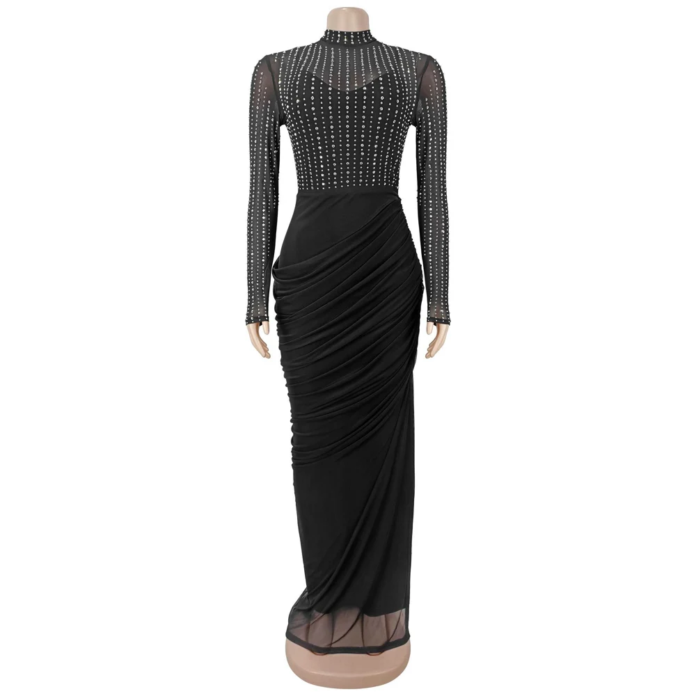 JENYAGE Damen Strass-Netz 2-teiliges Maxi-Abendkleid-Set, Stehkragen, lange Ärmel, bodenlang, gerafft, figurbetont, formelles Partykleid – Detail 4