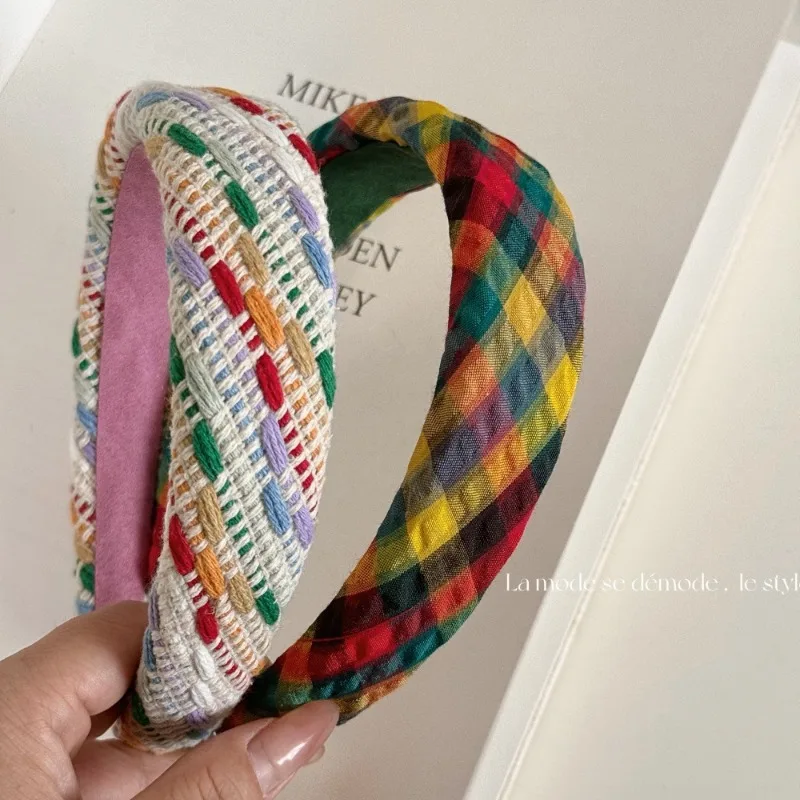 Rainbow Fabric Plaid Headband Wide Edition High Cranium Top Colored Headband Going Out Daily Versatile Hairpin Hair Accessories