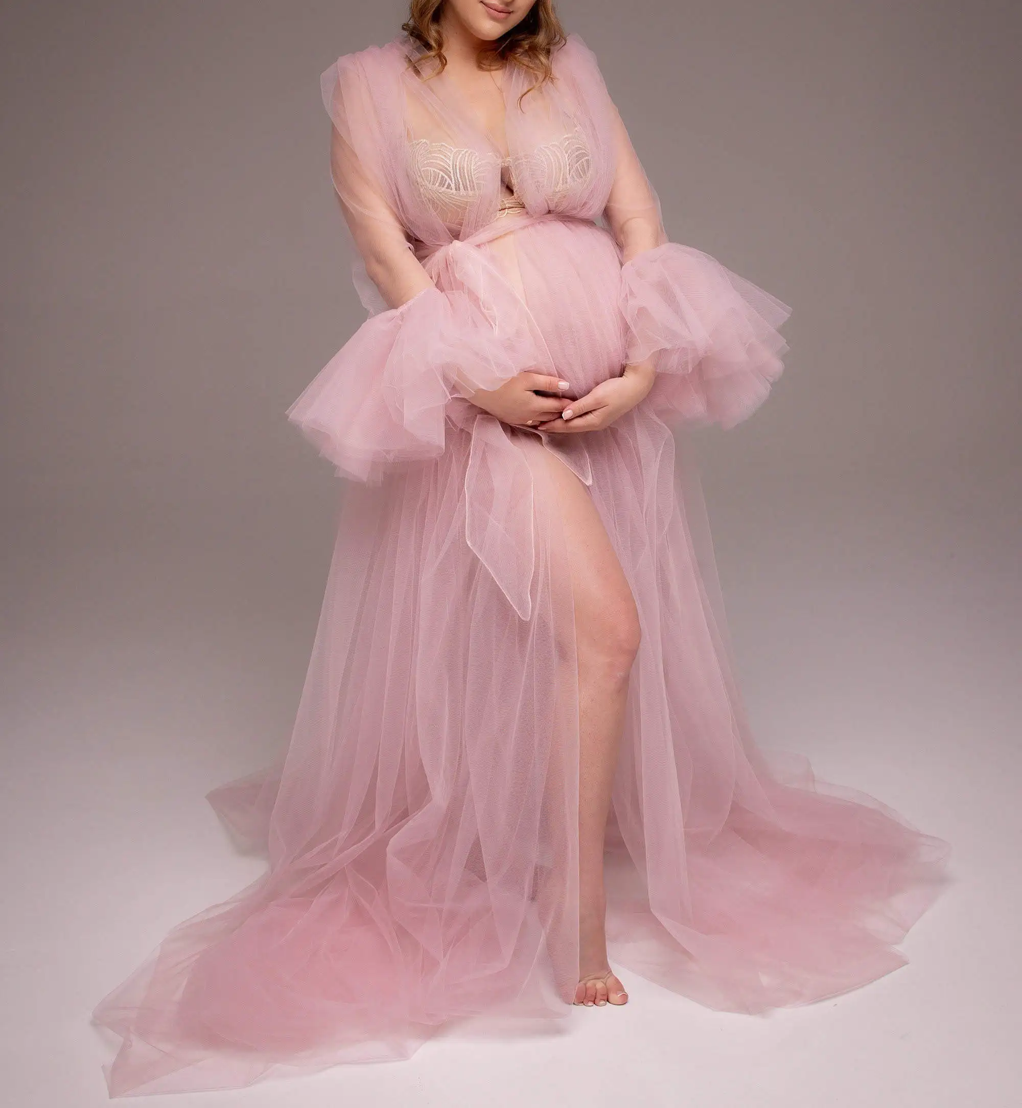 Sexy Tulle Prom Dresses For Maternity Photo Shoot Front Slit Open Sleeveless Ruffles Custom Made Party Formal Babyshower