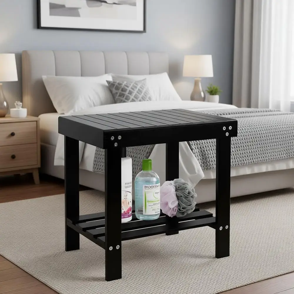 

Скамейка для спа-процедур с нескользящей подушкой, полкой для хранения, идеально подходит для ванной комнаты, гостиной, спальни и отдыха на открытом воздухе (черная)