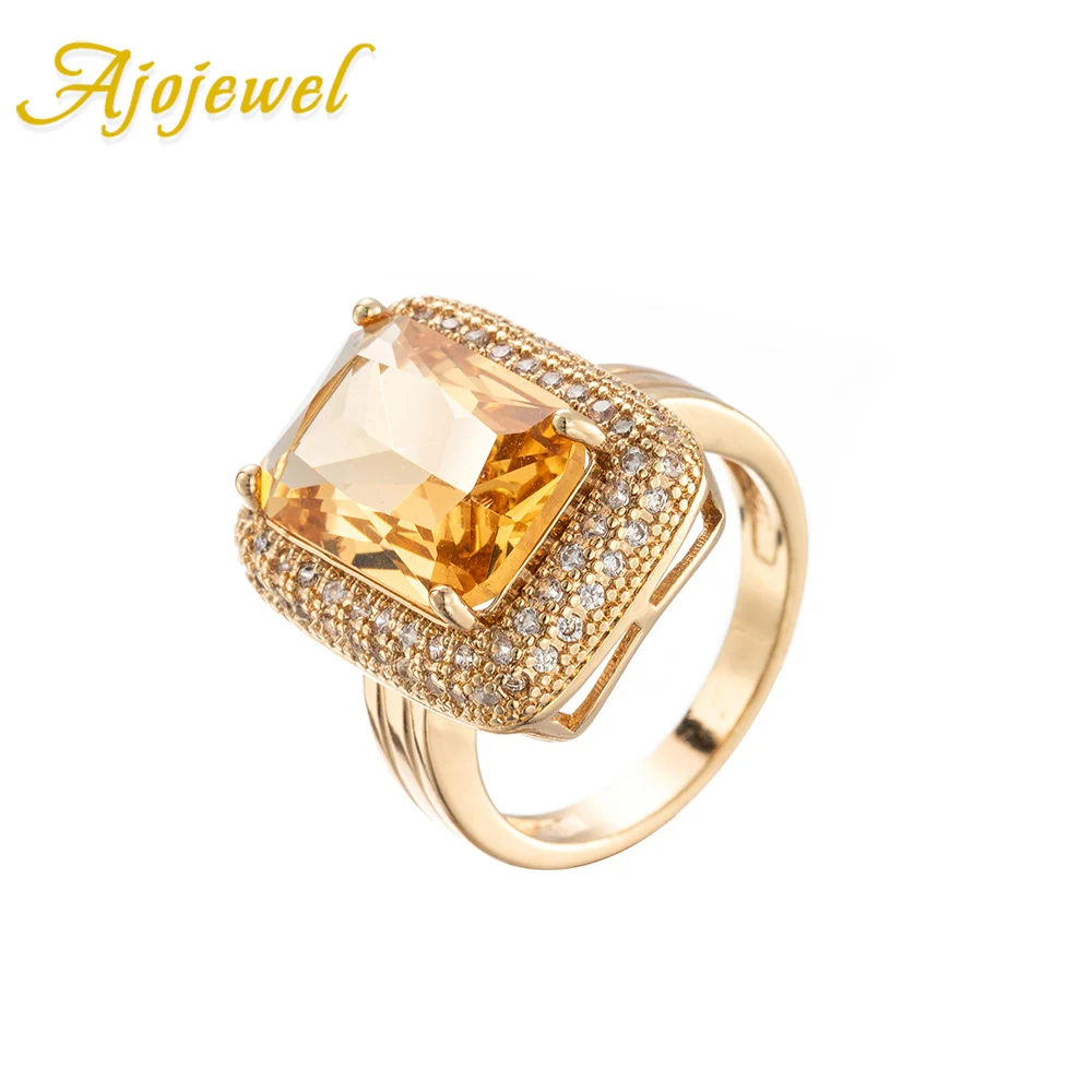 Ajojewel Big Square Yellow Stone Rings For Women Micro Pave Cubic Zirconia Jewelry Finger