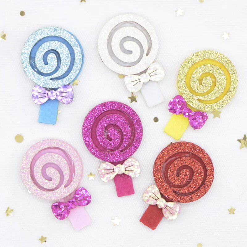 12Pcs 30*45mm Padded Glitter Fabric Sweet Lollipop Applique for DIY Headwear Girl Hair Clips Hoop Bow Handmade Decor Patches