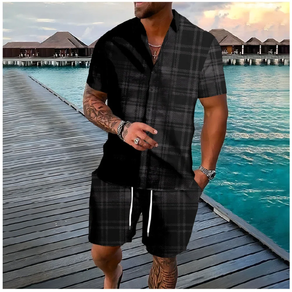 Fashion Stripe Plaid 3D Print Men Shirt Sets Short Sleeve Shirt Oversized Casual Beach Shorts Streetwear Hawaiian Suits Clothes