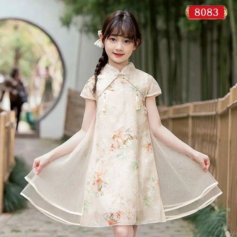 Summer Dresses Styles Cheongsams for Girls Traditional Chinese Embroidery Chiffon Qipao Dress for Children Tang Suit Costumes