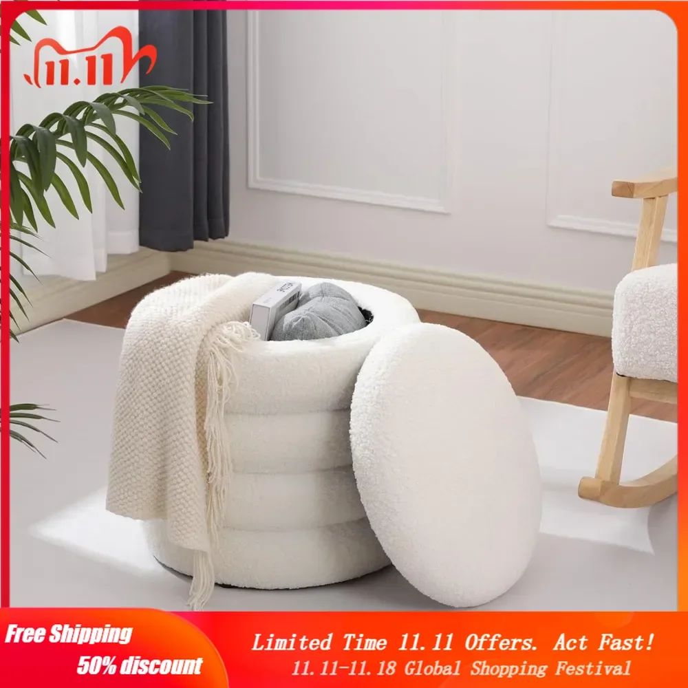 

Modern Teddy Velvet Foot Rest for Couch, Round Ottoman with Storage, Upholstered Foot Stools Ottoman