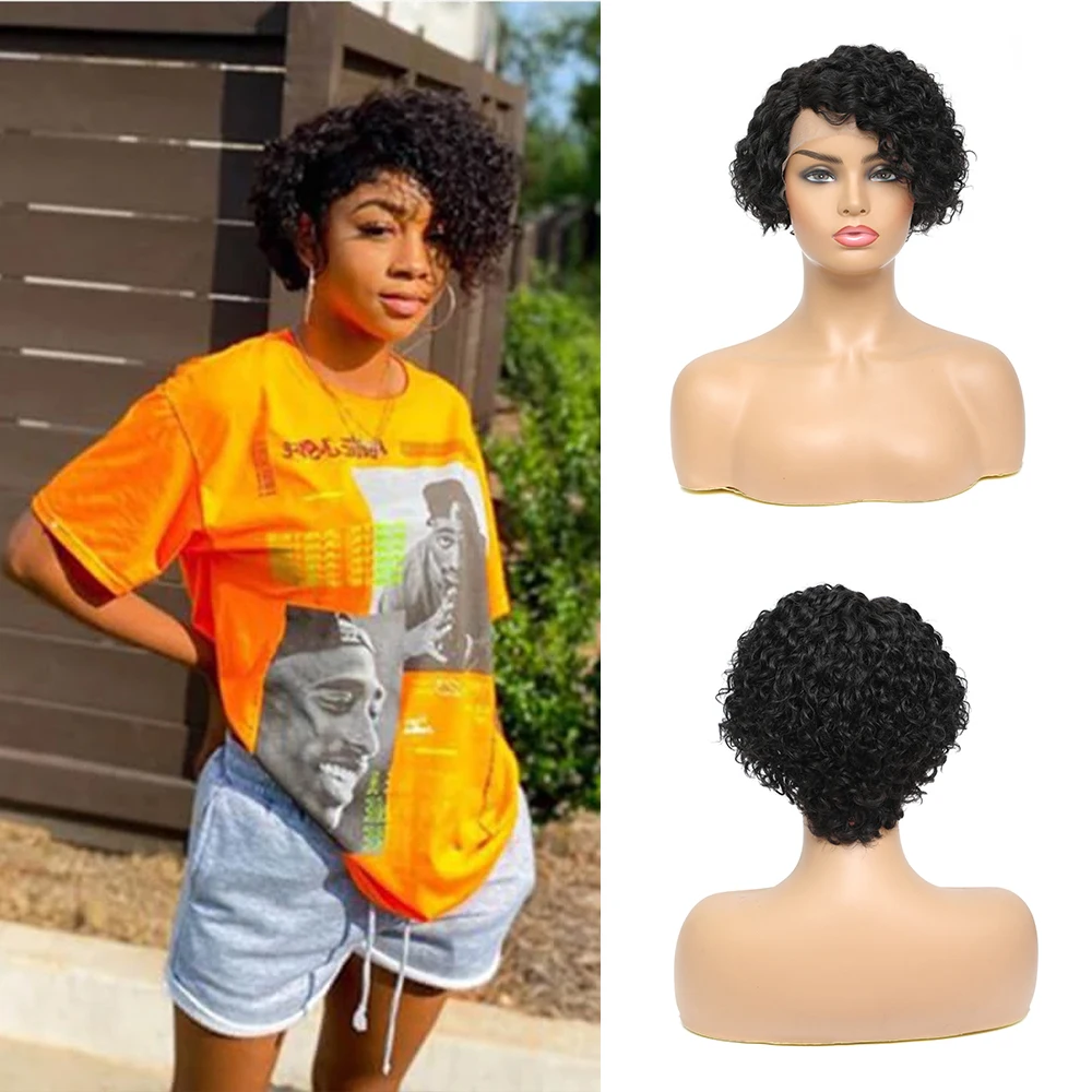 Peluca de cabello humano rizado para mujer, pelo corto Afro con corte Pixie, sin encaje frontal, brasileño Natural