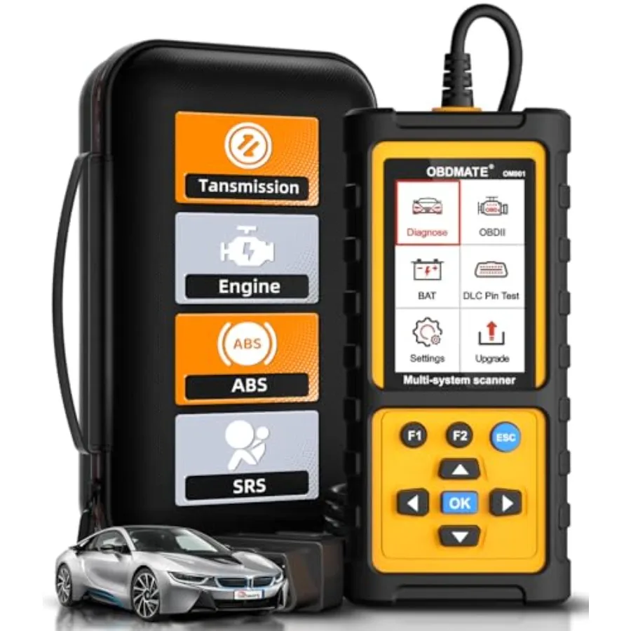 

Car diagnostic tool for OBD2 scanning with ABS/SRS/transmission functions, black plastic housing, full OBDII support, fault lig