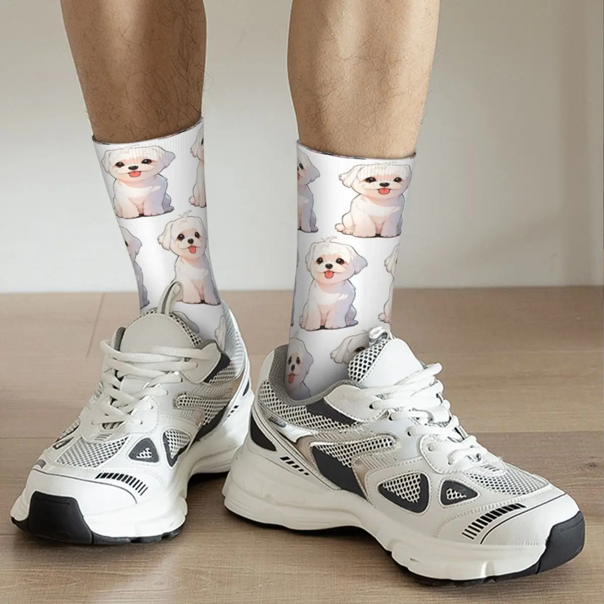 Chaussettes de chien maltais de style dessin animé pour hommes et femmes, bas absorbant la transpiration Harajuku, chaussettes longues toutes saisons, cadeaux de Noël mignons