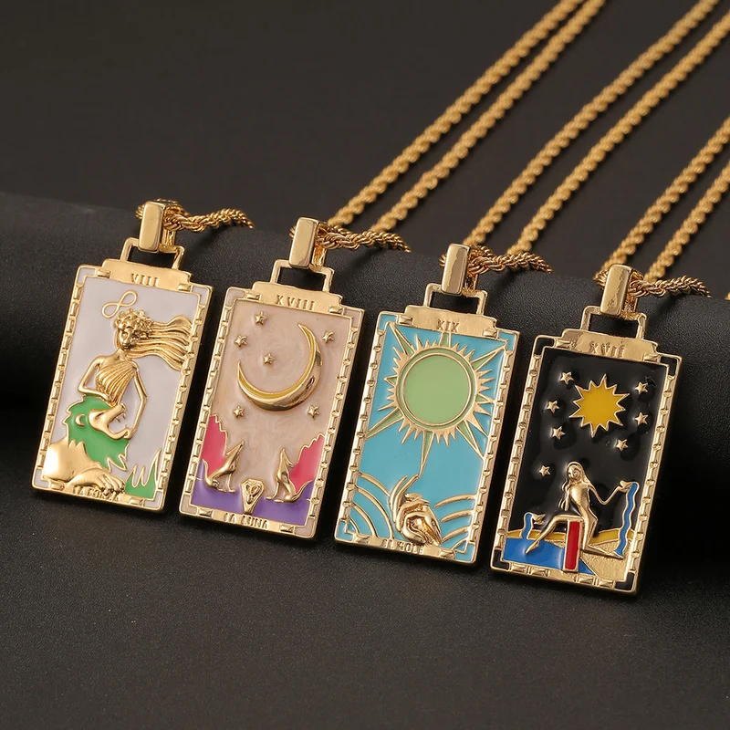 Vintage Colorful Tarot Cards Necklaces for Women Man Gold Tarot Painting Necklace Sun and Moon Pendant Creative Jewelry Gifts