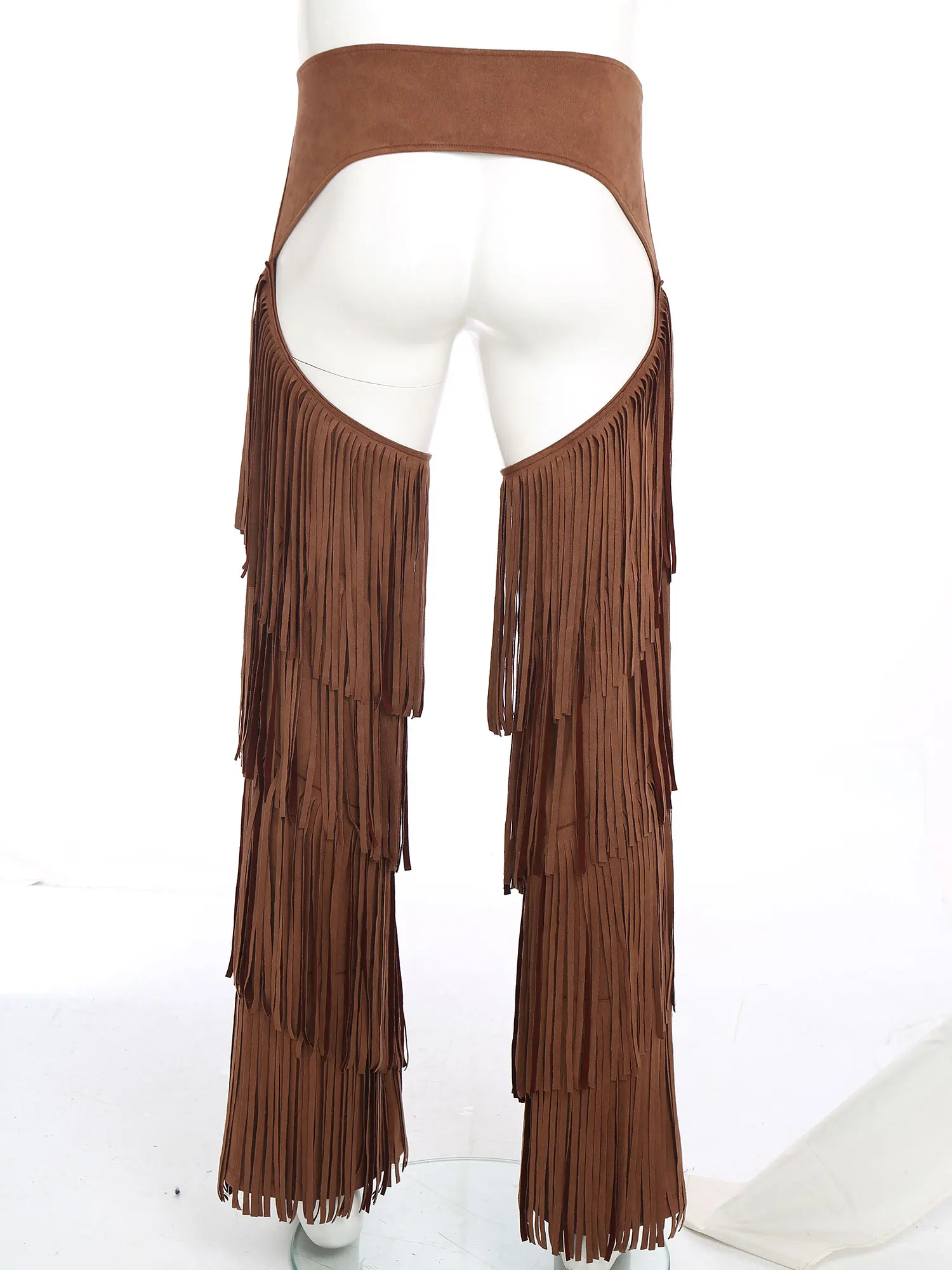 Men Western Cowboy Cosplay Costumes Open Crotch Pants Layered Fringe Buttless Style Motorcycle Pants for Raves Parties