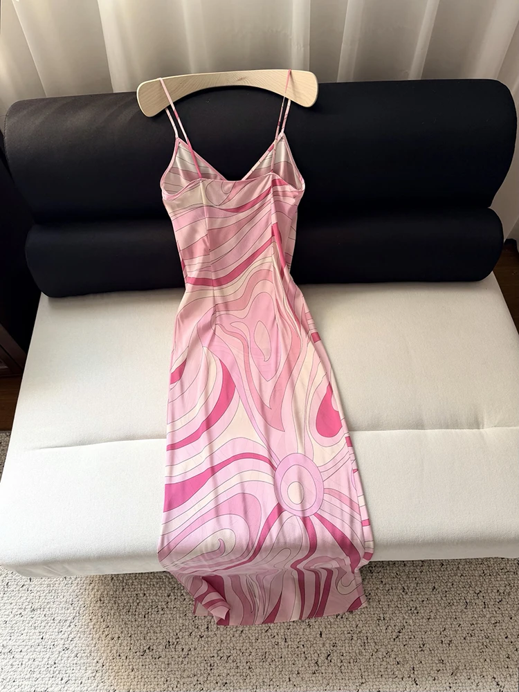 Summer Fashion Beach Style Elegant Vintage Print Long Dress Women's Spaghetti Strap V-Neck High Waist A-Line Side Split Dress