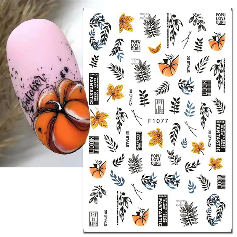 Autocollants 3D Nail Art pour décorations de manucure, curseurs adhésifs, décalcomanies, Aliments d'automne, châtaigne, salle plus lente, feuilles d'érable, N64.Tips