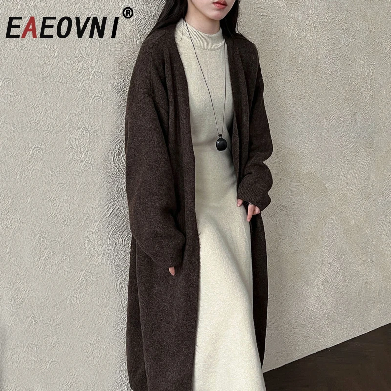 

EAEOVNI повседневное осенне-зимнее новое вязаное пальто-кардиган женское однотонное свободное офисное женское длинное пальто модная одежда
