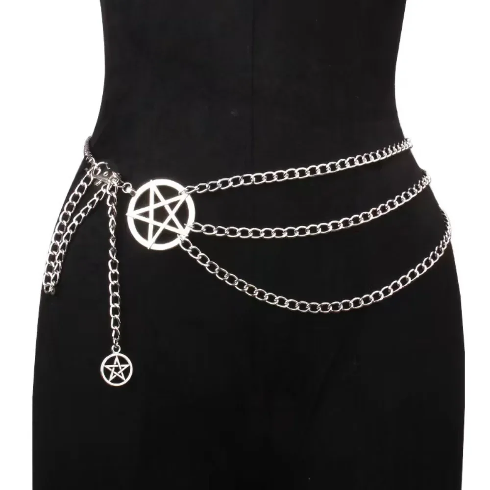 خمر سبيكة المرأة حزام البطن سلسلة الأزياء تنوعا تصميم فاسق الرجعية الخصر سلسلة مع سلاسل معدنية قلادة نجمة مزدوجة